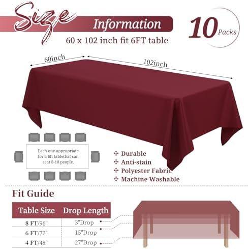 Showgeous 60x102 Inch Burgundy Rectangle Tablecloth 10 Pack Fit 6FT Table - Image 2