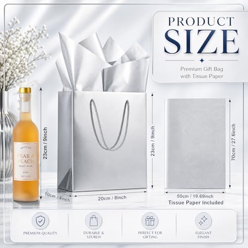 TaoBary 24 Pack Silver Gift Bags with Tissue Paper, 9''x8''x4'' Metallic Paper Bags with Handles, Medium Size for Wedding, Birthday, Baby Shower Party Favors - Image 2