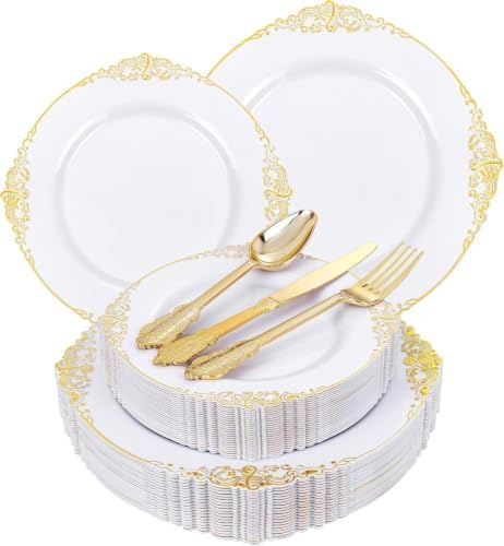 125PCS White and Gold Plastic Plates for Wedding and Party by Joyido