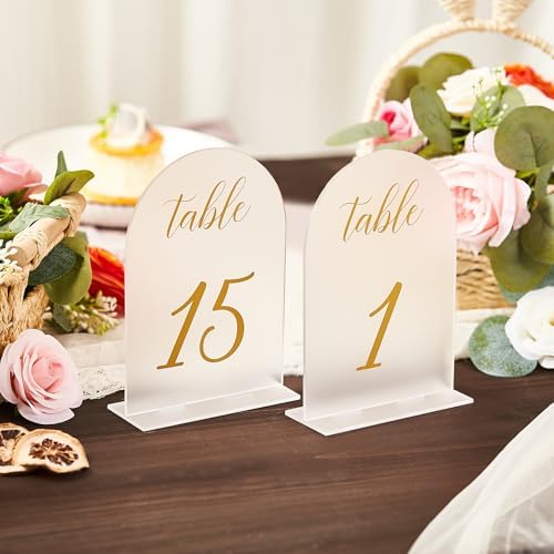SHINVALE Arch Acrylic Wedding Table Numbers with Gold Foil Font – Frosted Finish, Elegant Modern Design with Stands, Easy Assembly Table Signs for Weddings, Parties & Events (15, 5" x 7") by Unknown