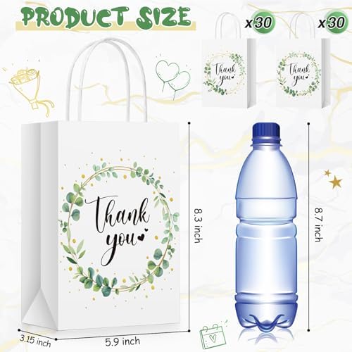 PerKoop 60 Pack Thank You Paper Gift Bags, Eucalyptus Leaf, White, Green - Image 2