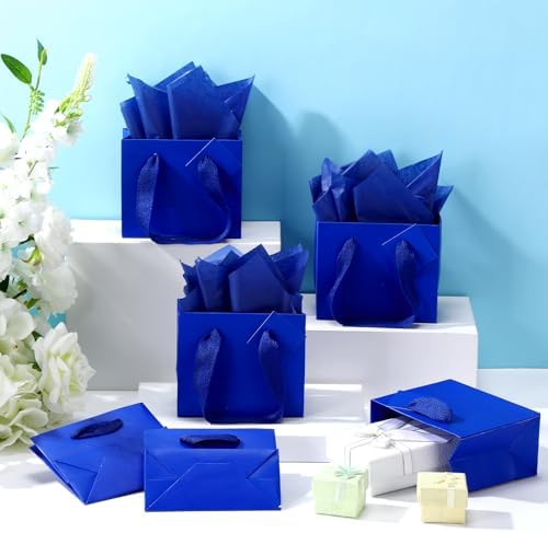 Qilery 50 Pcs Wedding Paper Gift Bags Bulk with Tissue Paper Small Gift Bags with Handle and Tags for Birthday Wedding 4th of July Party Business(Dark Blue,4.7 x 2.4 x 3.9'') - Image 4
