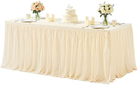 Champagne Table Cloth Rectangle 6ft Stretch Fitted Tulle Tablecloth Spandex Rectangular Table Cover with Ruffle Skirt for Wedding Baby Shower Birthday Party Banquet Cake Dessert Table Decor by Besutolife