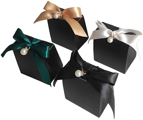 100pcs Gift Boxes for Party Favors,White Candy Box for Wedding Favor, Baby Shower, Bridal Shower, Small Paper Box for Candle,Goodie with Ribbons and Pearls (black box with gold ribbon) - Image 5