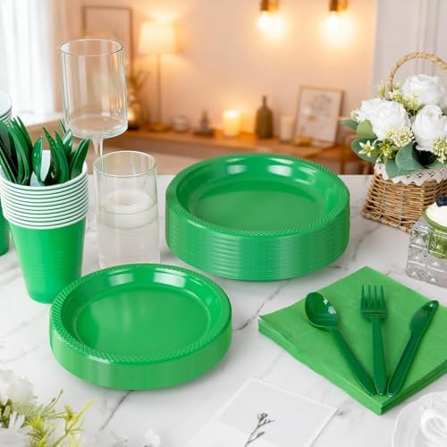 MirthMood 350pcs Green Plastic Plates,Green Plates Set for Birthday - Image 2