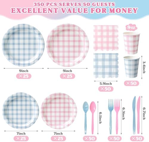 Vyntra 350-Pc Pink and Blue Gingham Paper Plates and Napkins Party Supplies - Image 4