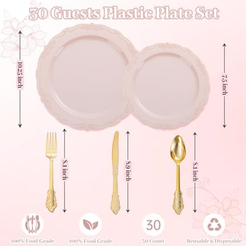 DaYammi 150Pcs Pink Plastic Plates & Gold Plastic Silverware Set for Party - Image 2