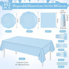 Funnymoom 452 Pcs Light Blue Party Supplies for 50 Guests, Baby Blue Scalloped Paper Plates Napkins Cups Plastic Tablecloth Cutlery Straws for Baby Bridal Shower, Birthday Wedding Party Decoration - Image 2