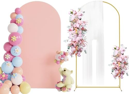 Arch Backdrop Stand and Cover Set, 7.2ft Arch Stand with Pale Pink Cover by Putros