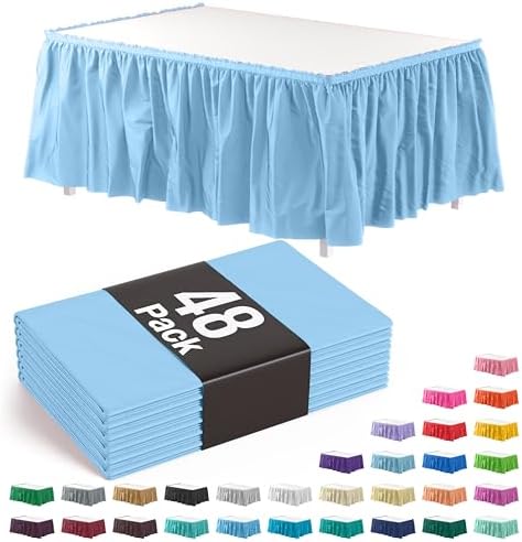Exquisite Light Blue Table Skirt 48 Pack - Disposable Plastic Table Skirts for Rectangle Tables 6ft 8ft & Round Tables - 29in x 14ft Self-Adhesive Strip - Birthday Wedding Gender Reveal Decor by Exquisite