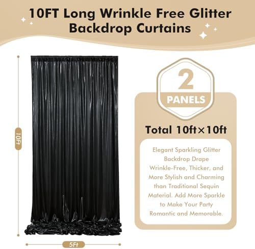 10ftx10ft Shimmer Black Sequin Backdrop Curtain for Parties, Thick Wrinkle Free Glitter Backdrop Drapes Photo Back Drop Curtains for Birthday Wedding Halloween Photography Background-2 Panels 5x10ft - Image 5