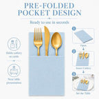 100Pcs Light Blue Napkins sage Disposable Linen Feel Dinner Paper Napkin with Built-in Flatware Pocket, Airlaid Paper Pre-Folded Napkin for Silverware Baby Shower Wedding Birthday Party - Image 5