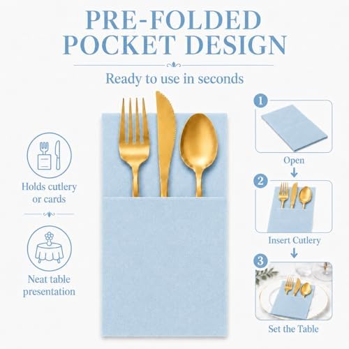 100Pcs Light Blue Napkins sage Disposable Linen Feel Dinner Paper Napkin with Built-in Flatware Pocket, Airlaid Paper Pre-Folded Napkin for Silverware Baby Shower Wedding Birthday Party - Image 5
