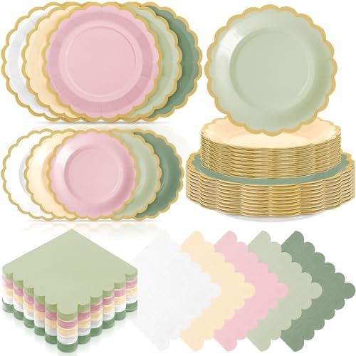 Zhehao 150 Pcs Pink and Green Paper Plates Napkins Serves 50 by Zhehao