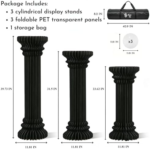 Cylinder Stands for Party, Shape&Use 3PCS Roman Column Black Pedestal Display Stands, Foldable Cardboard Columns for Wedding, Birthday, Anniversary Decor, 11.8in Dia. (23.6/31.5/39.4in H) with Storage Bag - Image 2