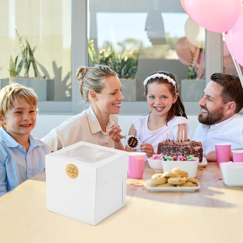 25Pcs 8x8x8 Inch Cake Boxes, White Bakery Box with Window & Stickers - Image 5
