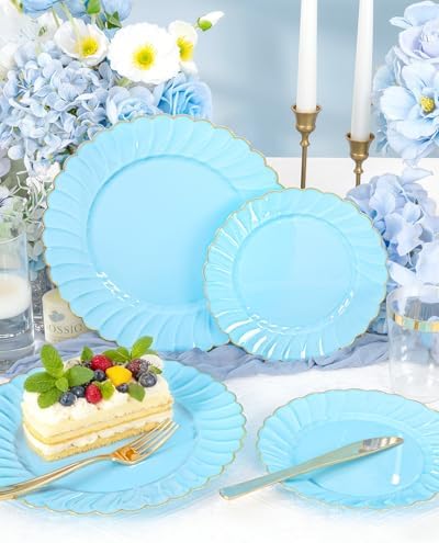 YOUBET 175PCS Light Blue Scalloped Plastic Plates for Party Wedding - Image 4