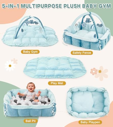 5-in-1 Baby Play Gym and Tummy Time Mat, 12 Learning Cards, Plush Activity Mat with 6 Toys, Baby Gym, Convertible to Ball Pit, Baby Gift, Blue - Image 2