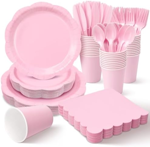 350 Pcs Pink Decagonal Paper Plates and Napkins Set, Disposable Party Supplies for 50 Guests Include 9" & 7" Scalloped Paper Plates, Cups, Napkins, Cutlerys for Baby Shower, Bridal Shower, Wedding by Unknown