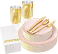 YOUBET 175PCS Pink Plastic Plates with Gold Rim for Wedding Party by YOUBET