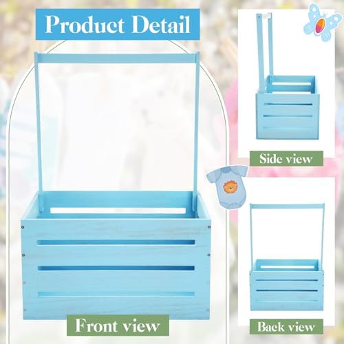 Barydat Wooden Baby Shower Crate Basket with Handle, Blue - Image 2