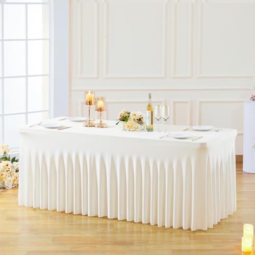 Besutolife 6ft Ivory Rectangle Tablecloth - Spandex, Wrinkle-Resistant, Ruffled Design - Perfect for Banquets, Parties, Wedding, Thanksgiving - Image 5