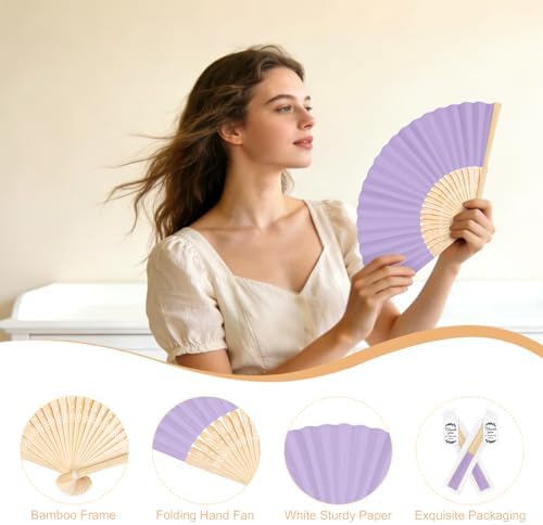 50Set Wedding Hand Fans Party Favors Purple Paper Folding Handheld Fans Bulk, DIY Bamboo Fans with Thank You Cards Organza Bag for Guests Summer Bridal Dancing Props Church Decoation - Image 3