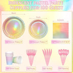 Iridescent Pastel Rainbow Party Decorations Serve 100, Holographic Pastel Paper Plates and Napkins, Disposable Iridescent Rainbow Party Plates Cups Napkins for Girls Birthday Wedding Baby Shower Party - Image 2
