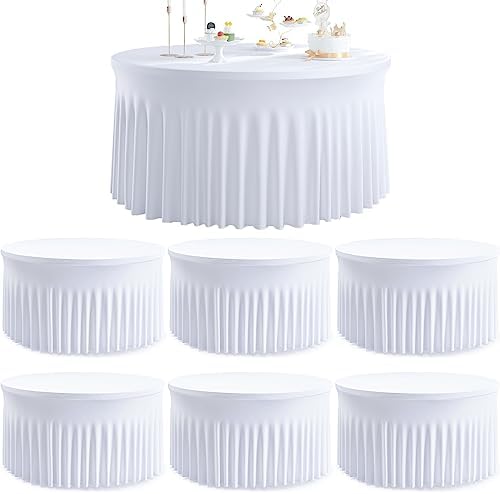 6pk Round Spandex Tablecloths for 72inch Table, Wrinkle Free Stretchy 132inch Fitted 6FT Round Table Cloths Cover Skirt for Wedding Birthday Party Bridal Shower Banquet Events by Htper