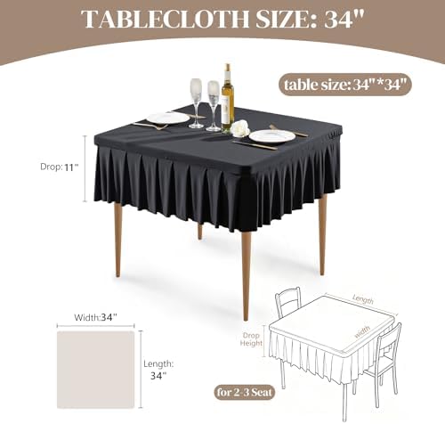 Wish Care 4 Pack Black Spandex Tablecloths for 34x34 Inch Square Tables, Stretch Fitted Table Clothes with Pleated Ruffle Skirt for 34” Table, Wrinkle Free and Elastic, for Party Kitchen Home Dining - Image 4