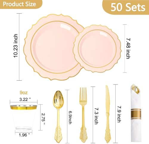 Sylans 350PCS Pink Plastic Plates Disposable Dinnerware Set for 50 Guests - Image 2