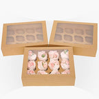 qiqee Auto-pop Up Cupcake Boxes with Window Brown 40PCS 12 Count Cupcake Box 13"x10"x3.5" Cupcakes Carrier, 12 Cupcake Containers with 2 rolls of pink ribbons - Image 2