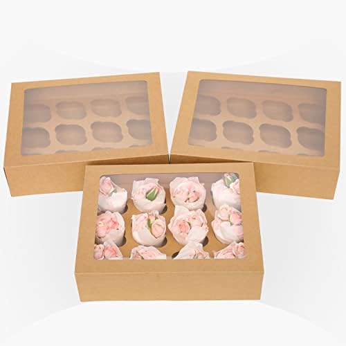 qiqee Auto-pop Up Cupcake Boxes with Window Brown 40PCS 12 Count Cupcake Box 13"x10"x3.5" Cupcakes Carrier, 12 Cupcake Containers with 2 rolls of pink ribbons - Image 2