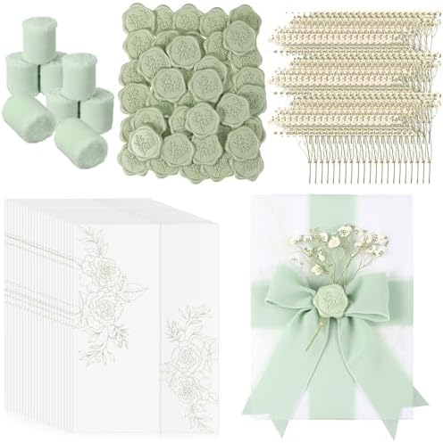 Fullhawl 50 Sets Wedding Invitations Wraps Set Pre Folded Vellum Jackets for 5 x 7 Invitations Dried Flowers Wax Seal Stickers Chiffon Silk Ribbon for Wedding Birthday Bridal Shower Craft DIY (Green) by Fullhawl