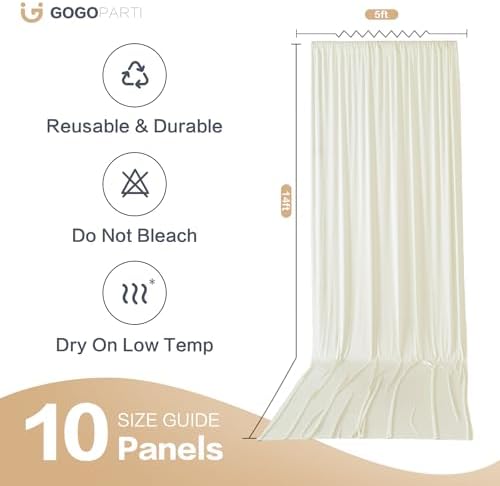 50x14ft Ivory Backdrop Curtains for Wedding Party, 10 Panels 14 ft Long Back Drop Cloth, Wrinkle-Free Polyester Drapes for Birthday, Baby Shower, Stage Photography Background - Image 6