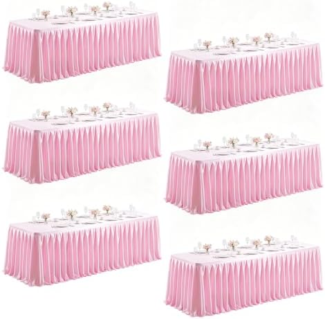 6 Packs Pink Satin Tablecloths Rectangle 6FT,Glitter Spandex Fitted Stretch Table Covers Wrinkle-Resistant Floor Length Shimmer Pleated Table Skirt for Wedding Parties Baby Shower Banquets by Partisky