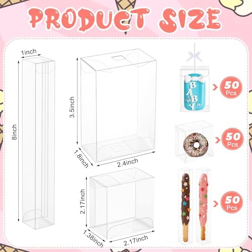Leinuosen 150 Pcs Clear Boxes for Treat 3 Size Pretzel Rod Chocolate Macaron Cookies Candy Boxes for Wedding Favors Baby Shower Birthday Supplies - Image 2