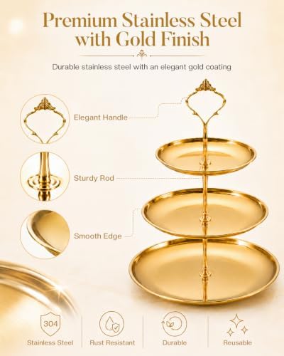 3 Tier Gold Cupcake Stand 3 Pack, Stainless Steel Tiered Dessert Stand 3 Layer Cupcake Display Tower with 2 Tier Cake Stand for Wedding Birthday Party Baby Shower - Image 5