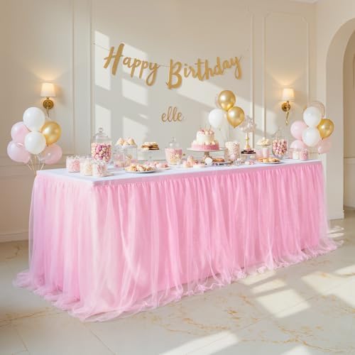 Pink Tulle Table Skirt 14FT Desk Skirt for Classroom Dorm Teacher Desk Back to School Desk Curtain Skirt Ruffle Tutu Shimmer Table Skirting for Birthday Baby Shower Party Cake Dessert Table Decor - Image 6