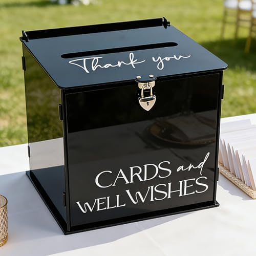 Black Acrylic Card Box with Lock & Slot, Gothic Wedding Card Boxes for Reception, Elegant Money Envelop Gift Cards Box for Party Wedding Birthday Baby Shower Graduation Table Decor - Image 3