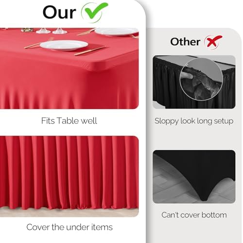 Wish Care 6 Pack Red Spandex Table Clothes for 8 Foot Rectangle Tables, 8FT Wrinkle Free Fitted Tablecloths Ruffles Design Table Cover for Party, Banquet, Wedding and Events - Image 3