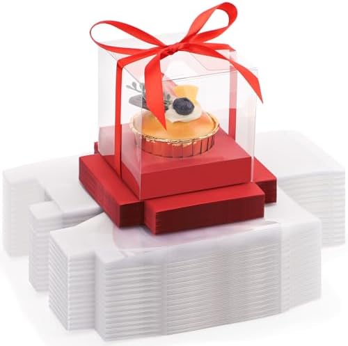 EUSOAR Cupcake Boxes, 3.5 Inch 100 Packs Muffins Gift Wrappers individual Cupcake Containers with Ribbon, Clear Dessert Pastry Holder Disposable Cookies Carrier for Wedding Party Favor Bakery-Red by EUSOAR