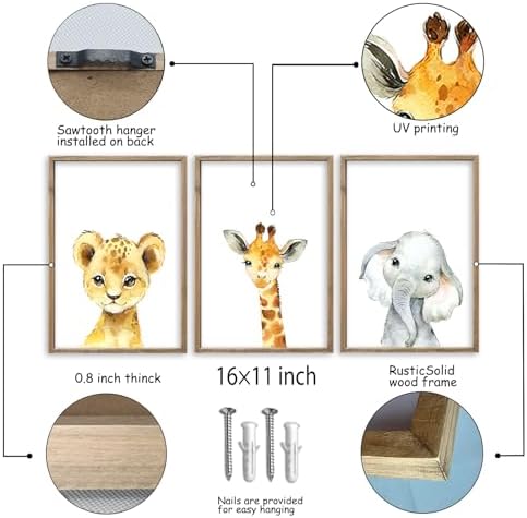 Baby Safari Nursery Wall Art Decor 11x16 Inch Set of 3 Wood Framed - Image 2