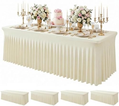 4Pack Beige Spandex Tablecloth for 8FT Rectangle Table,Table Skirt by Baoszty