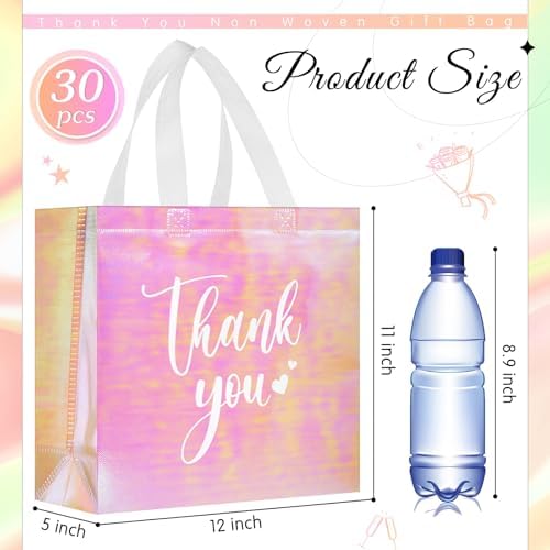 Sweetude 30 Thank You Non Woven Gift Bag, 11 x 12 x 5 Inch, Laser Pink - Image 2