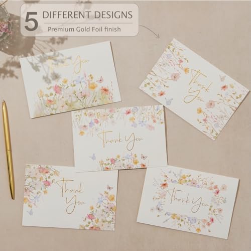 100 Floral Thank You Cards With Envelopes & Stickers - Pretty Wildflower & Gold Foil Assorted Greeting Notes pack for Wedding, Baby & Bridal Shower - Cute 4x6 Large Blank Flower Bulk Box Set - Image 3