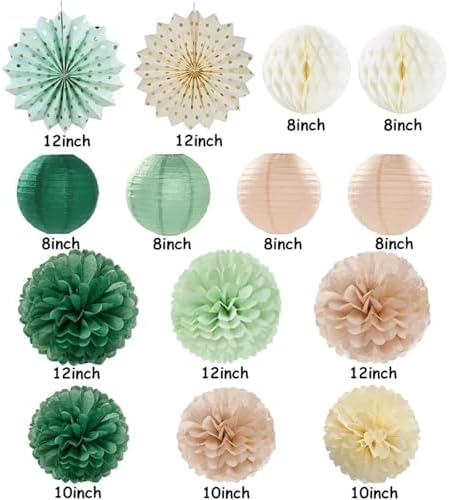 Hanging Paper Fans 5set Lantern Tissue Pom Poms for Wedding Baby Bridal Shower Birthday Party Decoration for Weddings Birthdays(Green) - Image 2