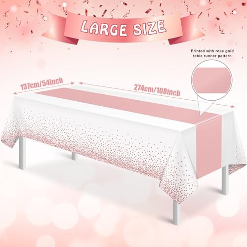 12Pcs White Rose Gold Tablecloth Party Decorations,Plastic White Table Cloth Printed Rose Gold Table Runner Disposable Rectangle Tables Cover for Birthday Anniversary Wedding Grad Party,54 x108 Inch - Image 2