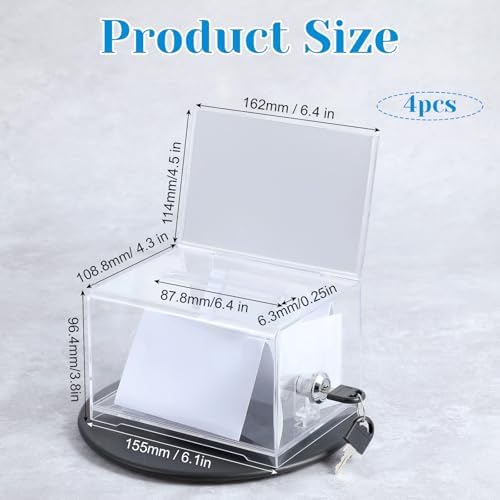 4 Pcs Donation Box, Clear Acrylic Raffle Ticket Boxes with Slot Tip Box with Lock and Sign Holder Suggestion Ballot Boxes for Fundraising Donation Voting Raffle Secure Storage, 6.1'' x 4.3'' x 3.8'' - Image 3