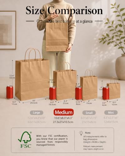 qiqee 100-Pcs Medium Size Paper Gift Bags with Handles Bulk 7.6"x4.75"x10.5" Brown Gift Bags Multiple Uses - Image 2